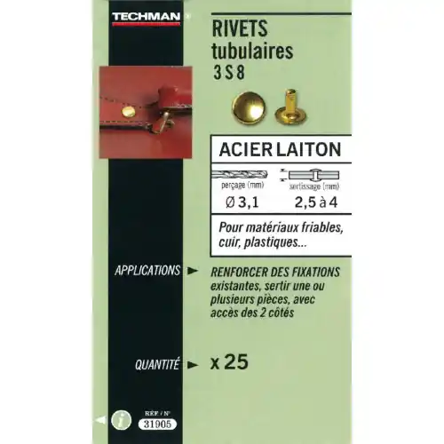 Prix Promo 25 rivets tubulaires acier / laiton Ø 3 x 10 mm - TECHMAN