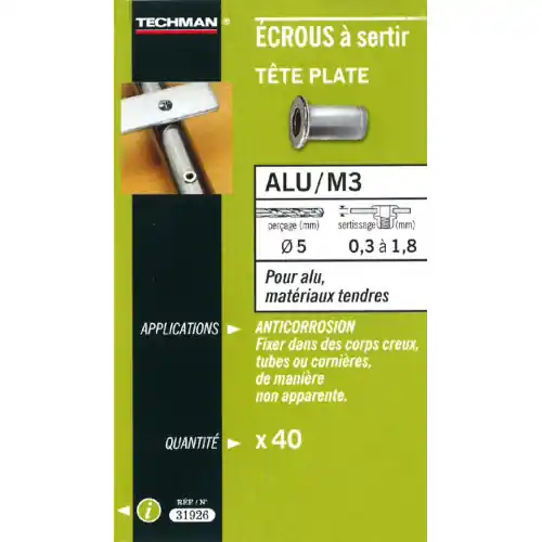 35 écrous M5 à sertir alu avec tête plate – TECHMAN Promotion