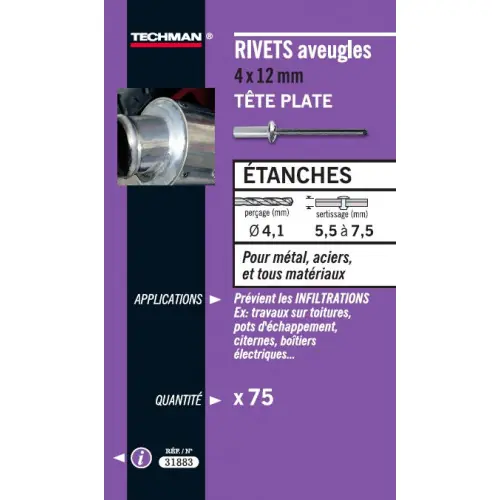 75 rivets étanches alu/acier (tête plate) Ø 4 x 12 mm – TECHMAN Offre Du Jour