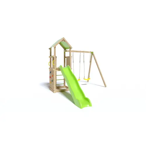 Aire de jeux SMART-XPERIENCE – Plate-forme et mur d‘escalade + toboggan + 2 balançoires – Trigano Pas Cher