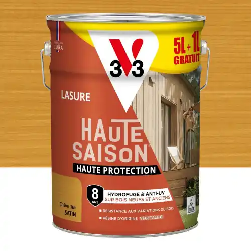 Lasure V33 haute saison 8 ans chêne clair satiné 5L+20% gratuit - V33 Meilleur Prix