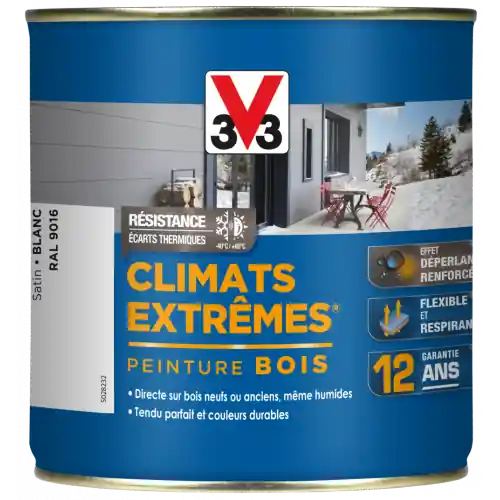 Produit De Marque Peinture bois extérieur Climats extrêmes® V33, blanc satiné 0.5 l - V33