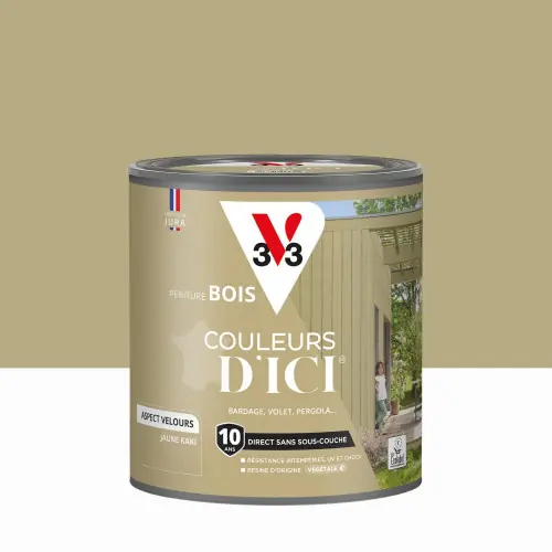 Peinture extérieure bois V33 Couleurs d‘ici, jaune kaki velours 0.5l - V33 Offre Exclusive