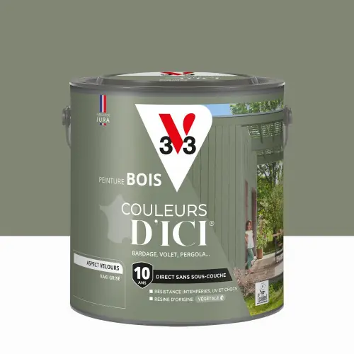 Achat Immédiat Peinture extérieure bois V33 Couleurs d‘ici, kaki grisé velours 2l – V33