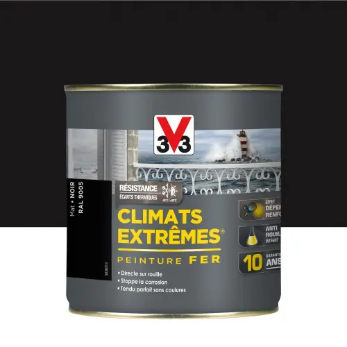 Peinture fer extérieur Climats extrêmes® V33 noir mat 0.5 l - V33 Satisfait Ou Remboursé
