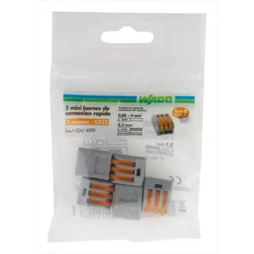 Lot de 5 bornes automatiques à levier, 2,5 mm² pour rigide et souple WAGO – WAGO Vente Flash